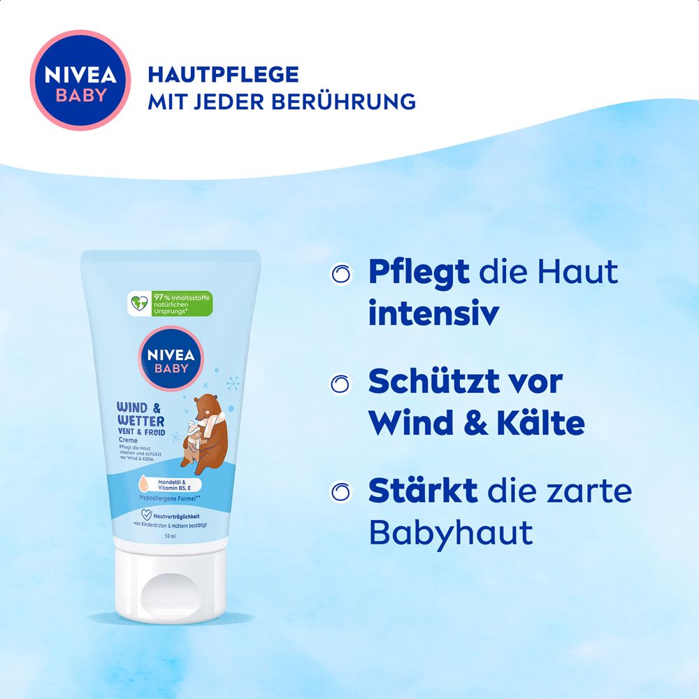 Nivea Baby Wind & Wetter Creme Tube mit Bär-Illustration. Pflegt, schützt vor Wind & Kälte, stärkt Babyhaut.
