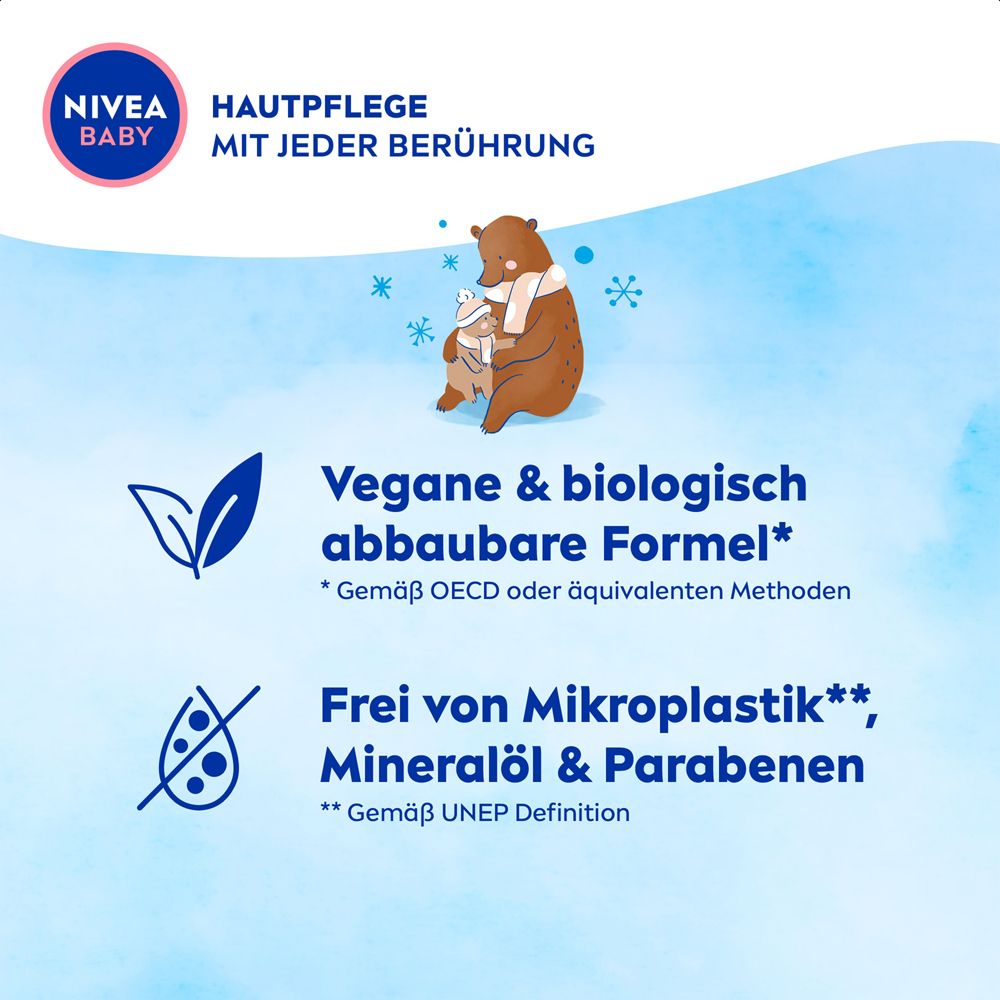 Nivea Baby Hautpflege: Vegane, biologisch abbaubare Formel, frei von Mikroplastik, Mineralöl & Parabenen.