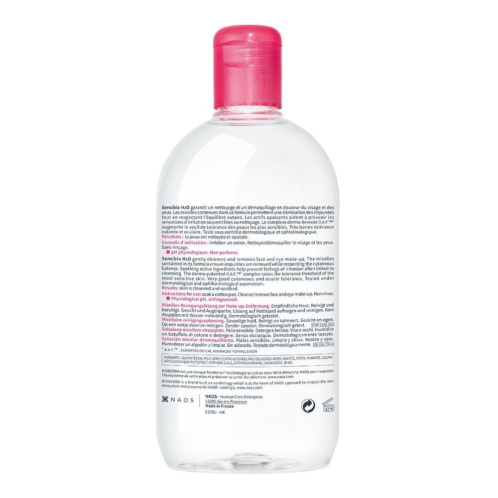 Rückseite einer Flasche BIODERMA Sensibio H2O Mizellenwasser mit Produktinformationen.