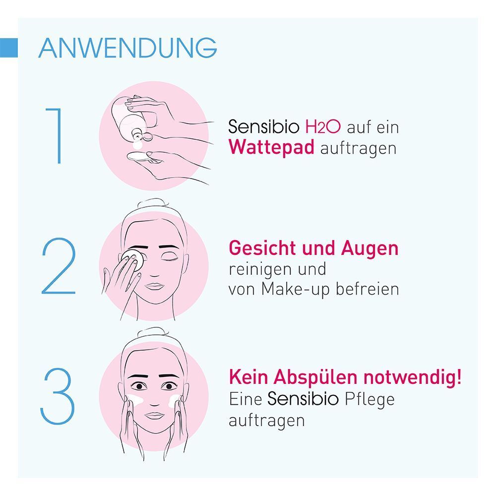 Anwendungsschritte für BIODERMA Sensibio H2O: Auftragen, Reinigen, kein Abspülen.