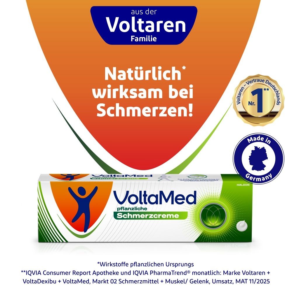 VoltaMed pflanzliche Schmerzcreme, "Aus der Voltaren Familie", Made in Germany.