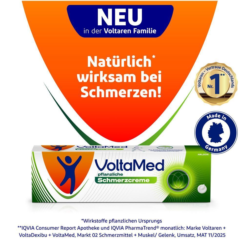VoltaMed pflanzliche Schmerzcreme Tube und Faltschachtel, "Neu" und "Made in Germany" Siegel.