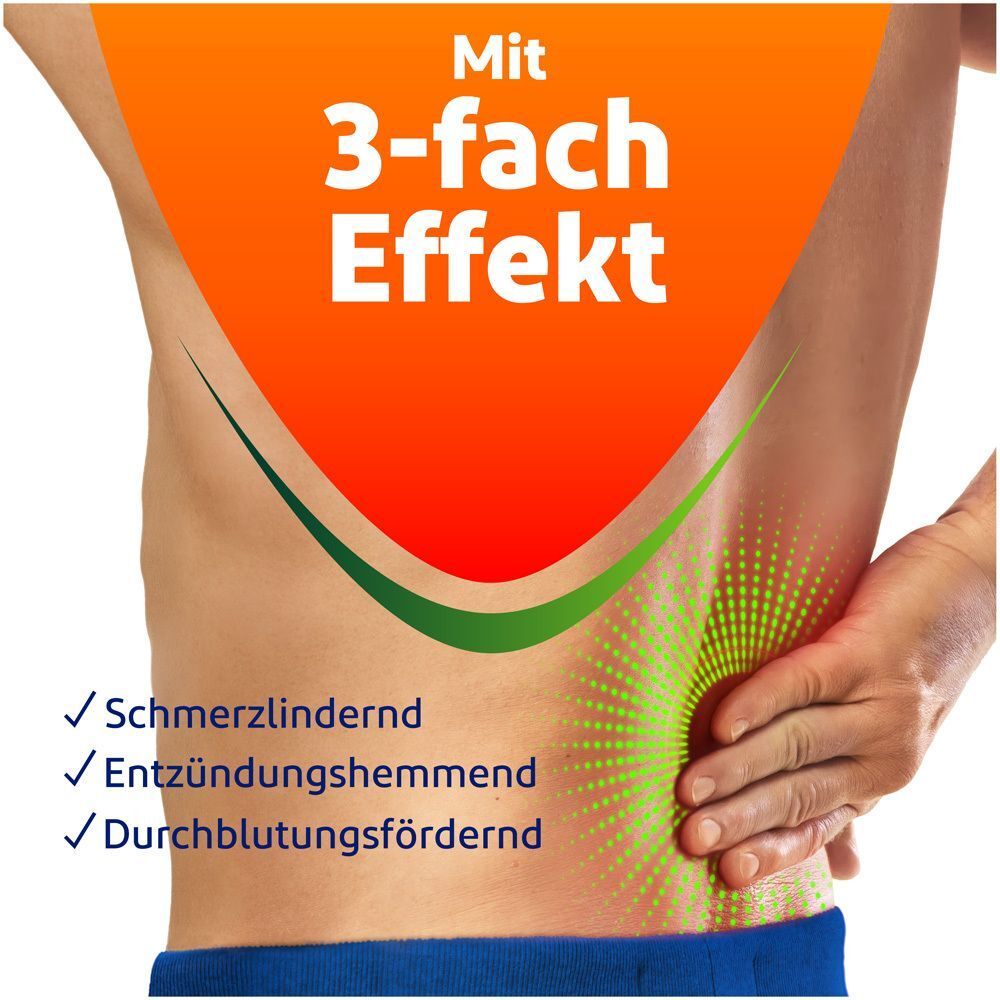 Mann mit Rückenschmerzen, VoltaMed mit 3-fach Effekt: schmerzlindernd, entzündungshemmend, durchblutungsfördernd.