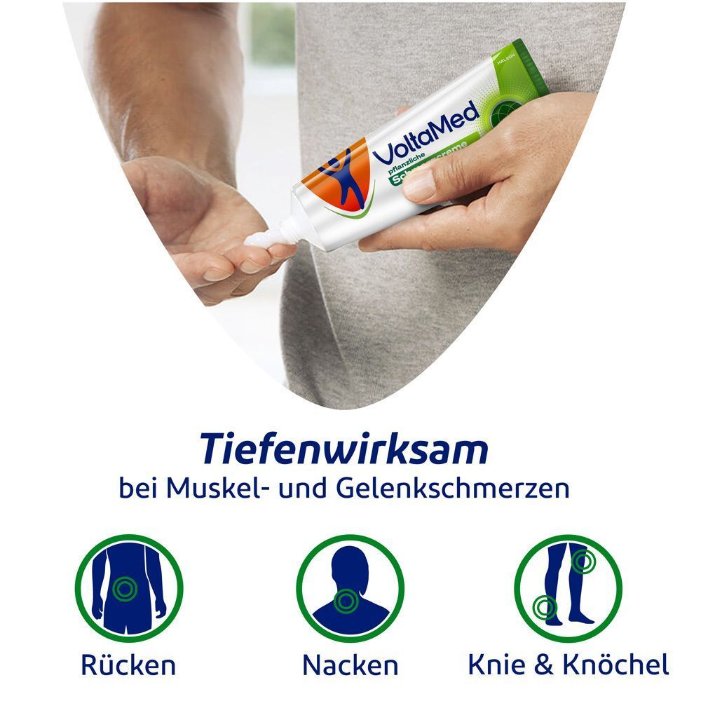 Anwendung von VoltaMed Schmerzcreme auf Rücken, Nacken und Knie/Knöchel.