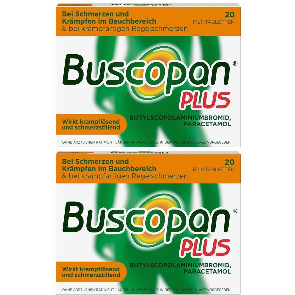 Zwei Packungen Buscopan Plus Filmtabletten, 20 Stück pro Packung.