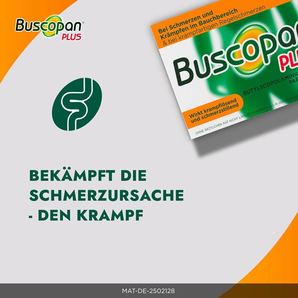 Buscopan Plus Logo und Hinweis, dass es die Schmerzursache, den Krampf, bekämpft.
