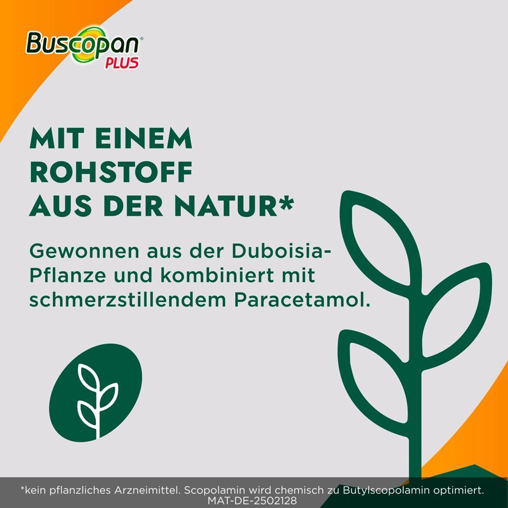 Buscopan Plus mit Hinweis auf Inhaltsstoff aus der Natur und Paracetamol.