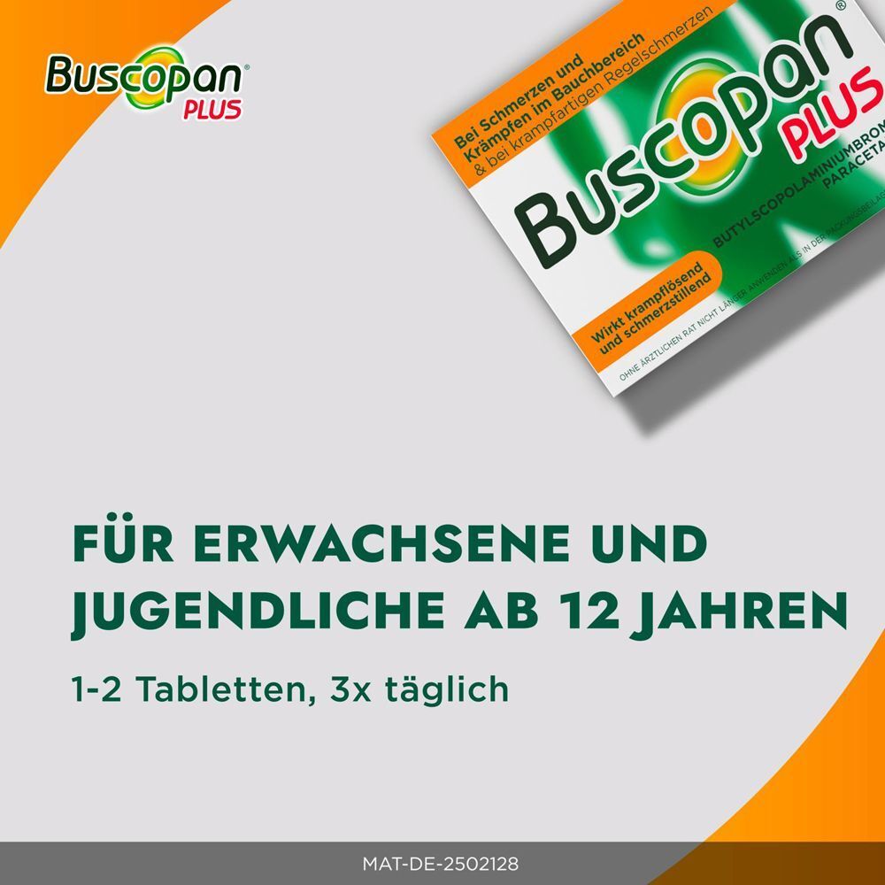 Buscopan Plus für Erwachsene und Jugendliche ab 12 Jahren, Dosierung 1-2 Tabletten.