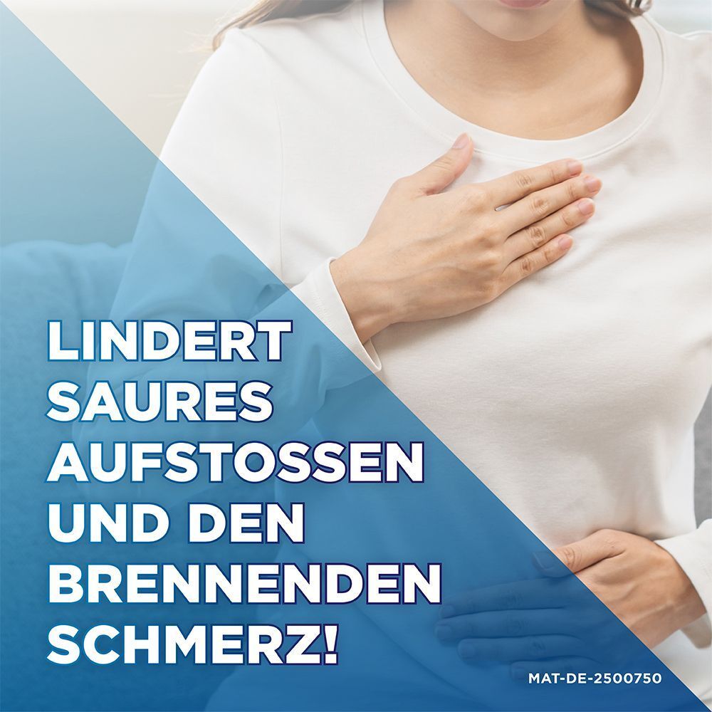 Frau hält sich die Brust wegen Sodbrennen. Text: Lindert saures Aufstoßen und den brennenden Schmerz!