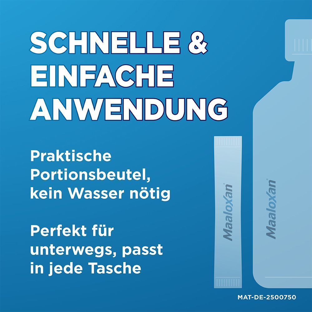 Maaloxan Suspension: Schnelle & einfache Anwendung, praktische Portionsbeutel, kein Wasser nötig, perfekt für unterwegs.