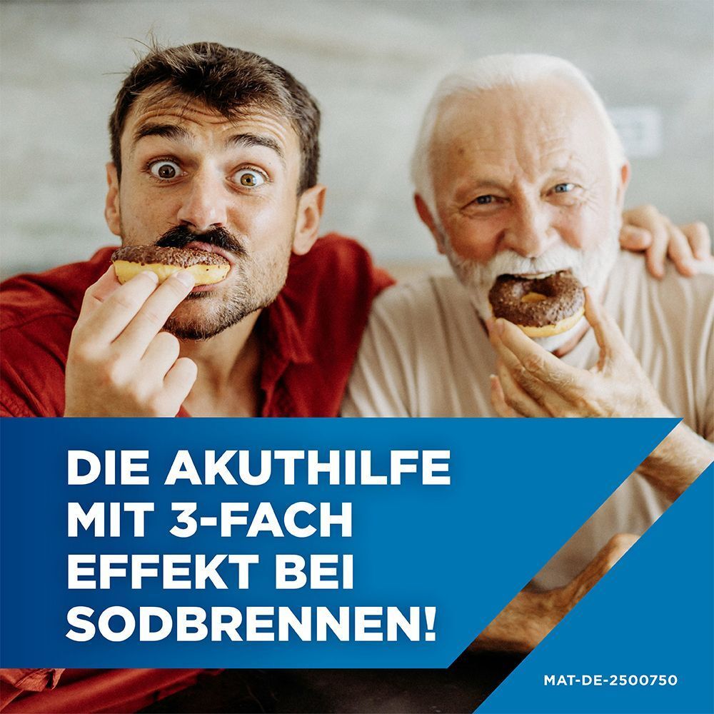 Vater und Sohn essen Donuts. Text: Die Akuthilfe mit 3-fach Effekt bei Sodbrennen!