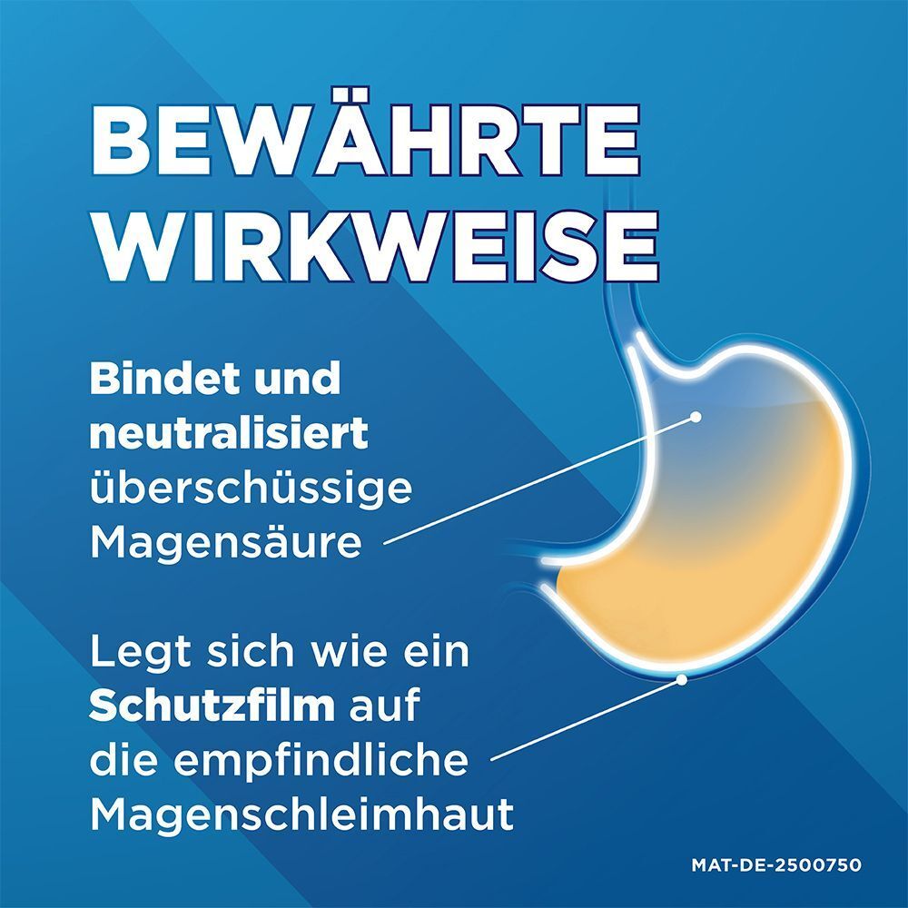 Maaloxan: Bewährte Wirkweise. Bindet und neutralisiert Magensäure, legt sich wie Schutzfilm auf Magenschleimhaut.