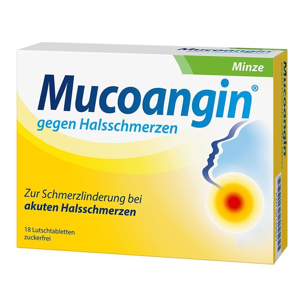 Packung Mucoangin Minze Lutschtabletten gegen Halsschmerzen. Gelbe Verpackung mit blauem Schriftzug und stilisierter Darstellung eines Kopfes mit Halsschmerzen.