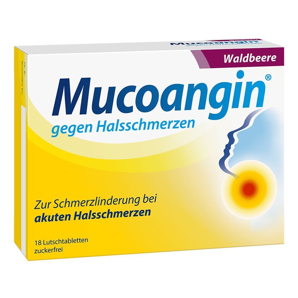 Packung Mucoangin Waldbeere Lutschtabletten gegen Halsschmerzen, zuckerfrei, 18 Stück.