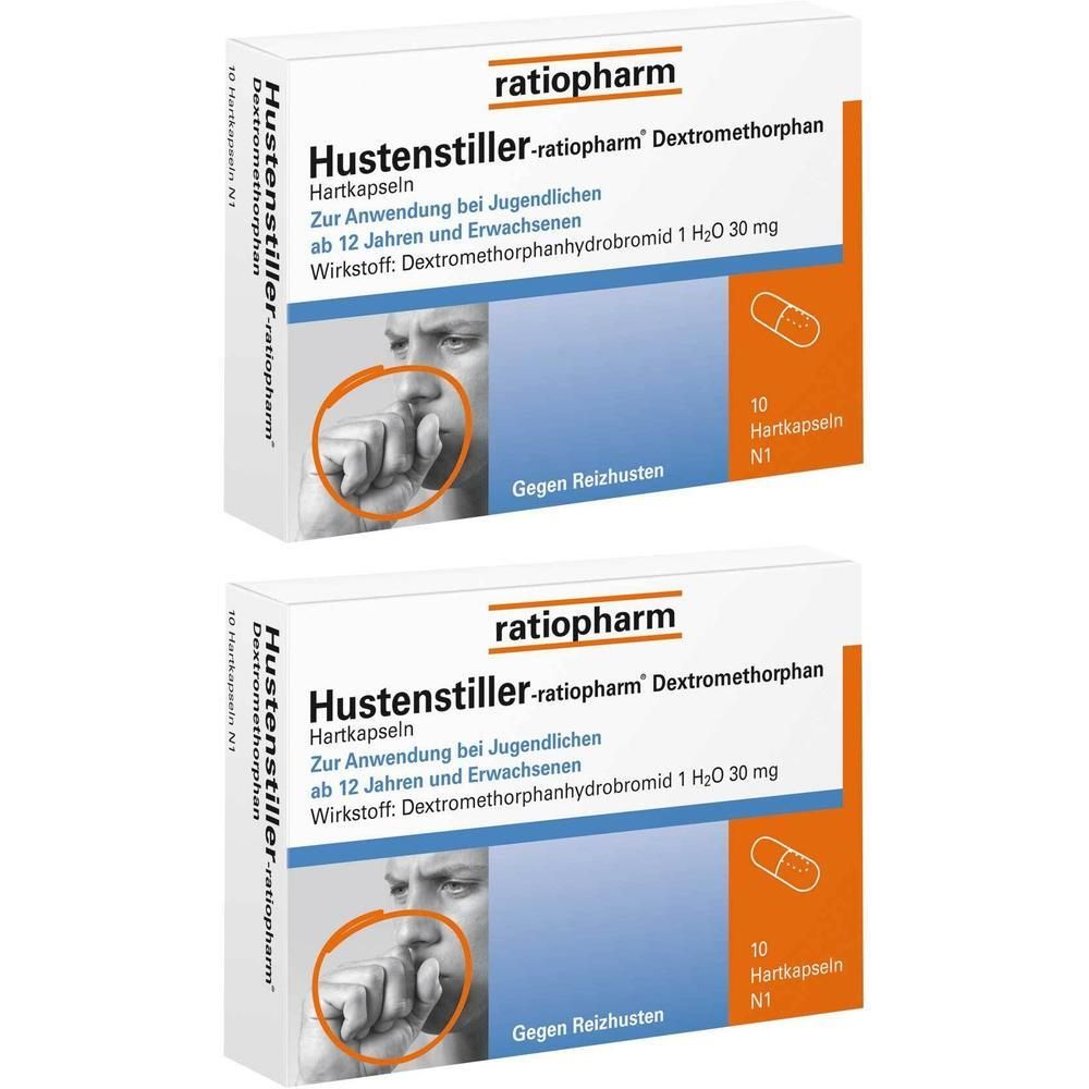 Zwei Packungen Hustenstiller-ratiopharm Dextromethorphan Hartkapseln, 10 Stück.