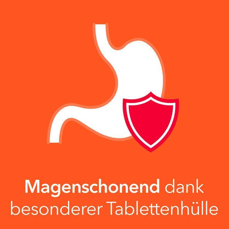 Symbol eines Magens mit rotem Schutzschild. Text: Magenschonend dank besonderer Tablettenhülle.