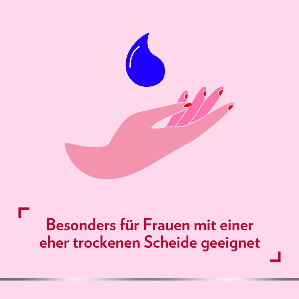Grafik einer Hand, die einen blauen Tropfen auffängt. Text: Besonders für Frauen mit trockener Scheide geeignet.
