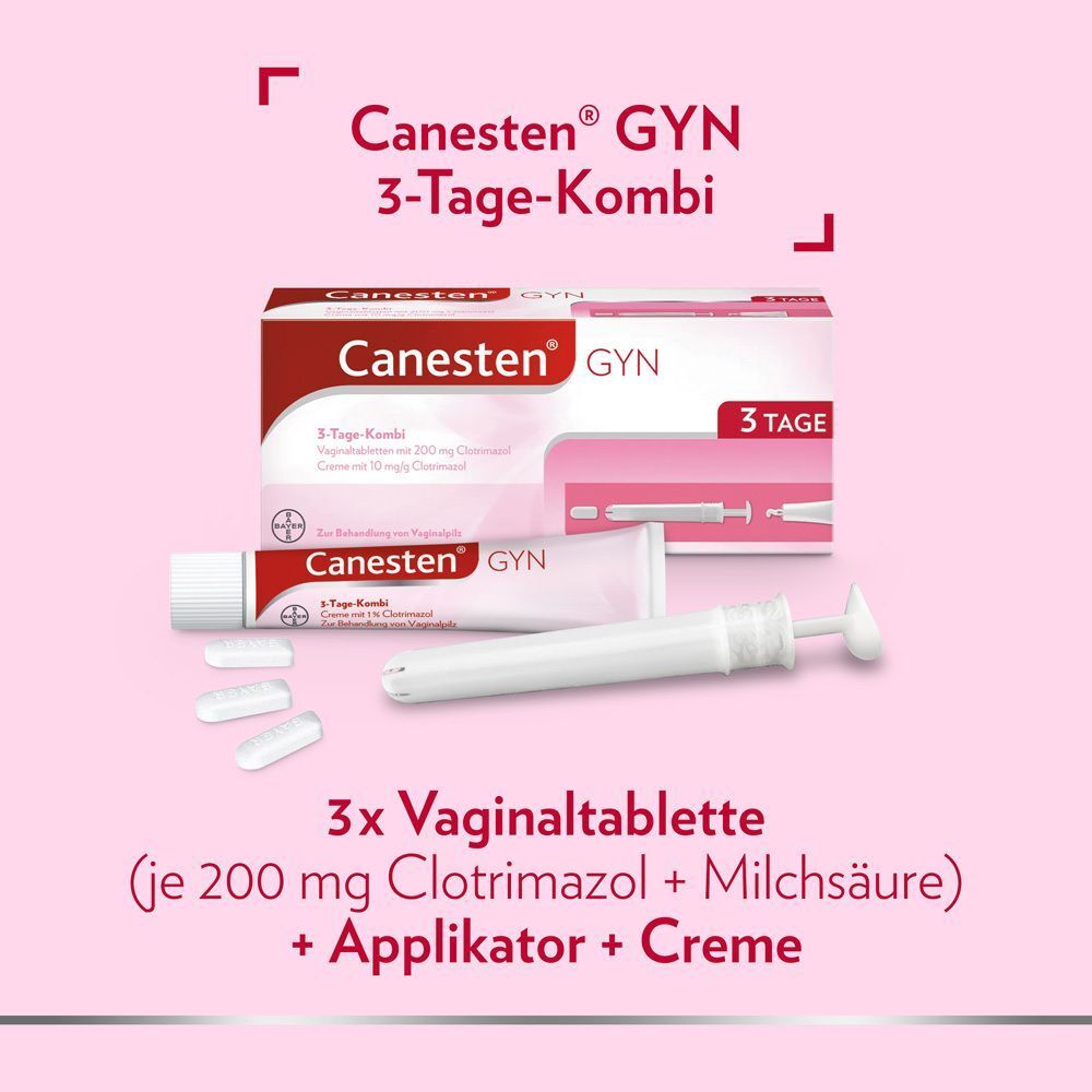 Canesten GYN 3-Tage-Kombi: 3 Vaginaltabletten, 1 Tube Creme und 1 Applikator.