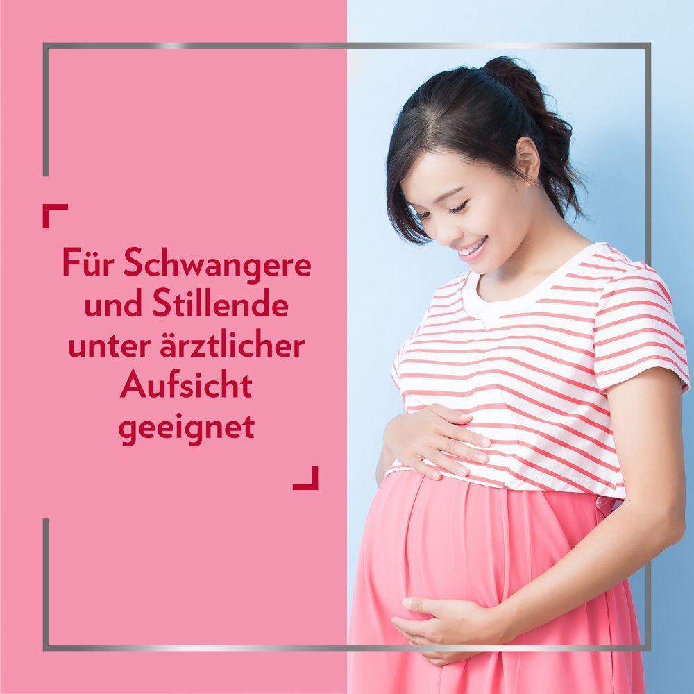Schwangere Frau hält ihren Bauch. Text: Für Schwangere und Stillende unter ärztlicher Aufsicht geeignet.