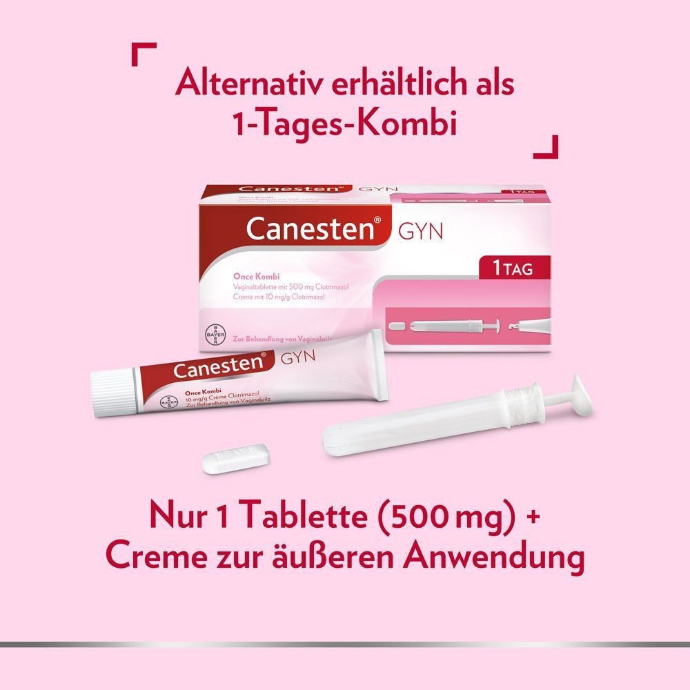Canesten GYN 1-Tage-Kombi: 1 Vaginaltablette, Creme und Applikator zur Behandlung von Scheidenpilz.
