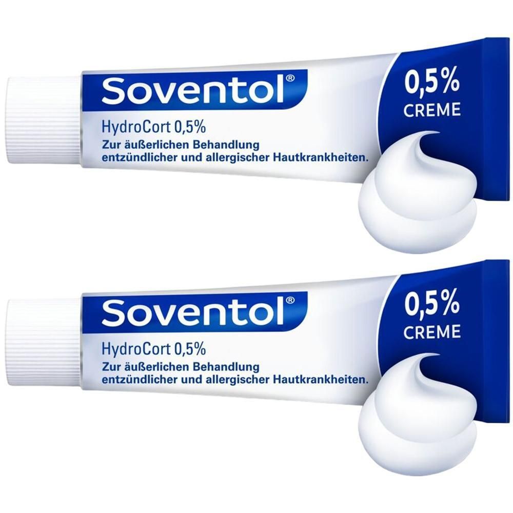 Zwei Tuben Soventol Hydrocort 0,5% Creme mit je einem Tupfer Creme daneben.