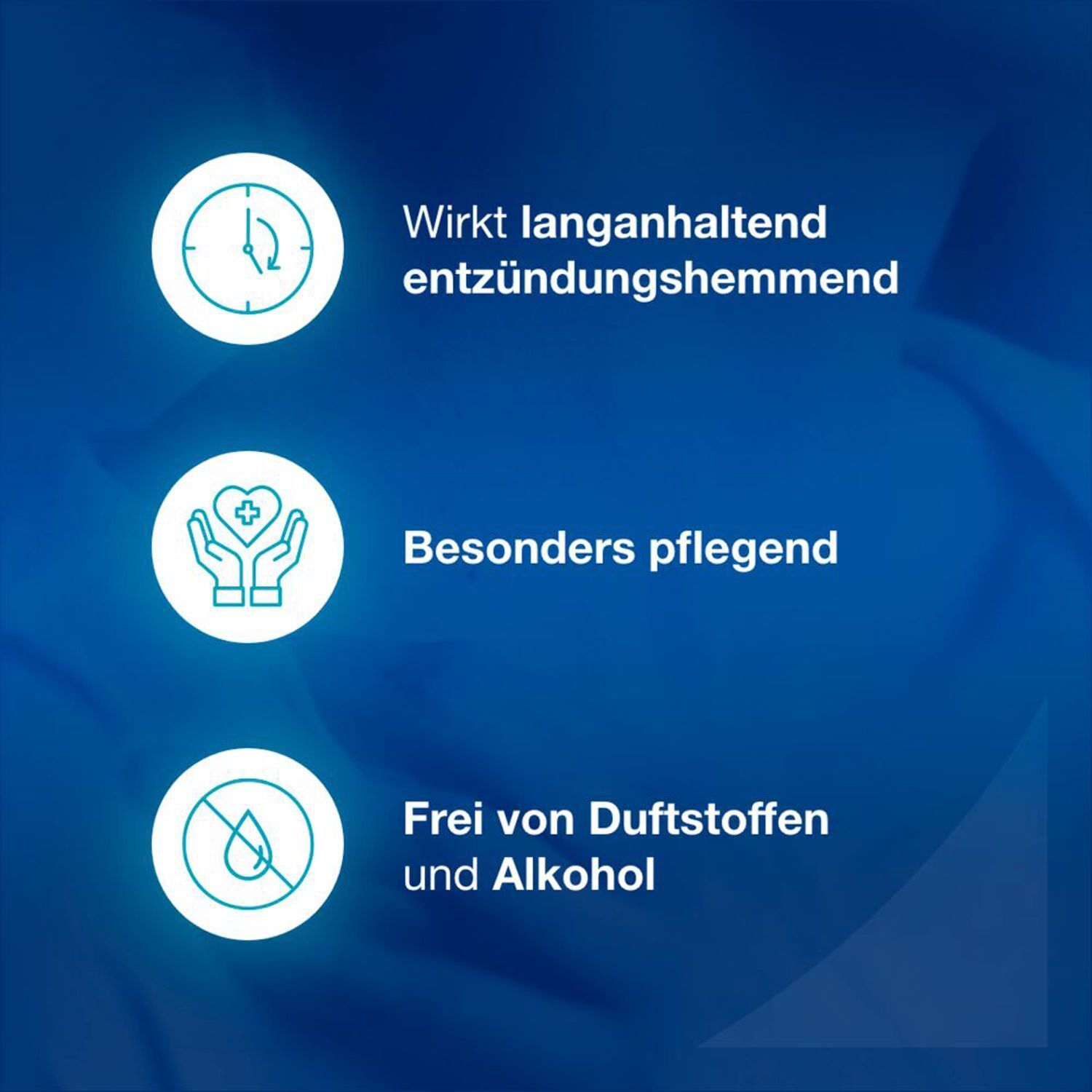 Drei Kreissymbole: Zeit, Hände mit Herz, Tropfen mit Kreuz.