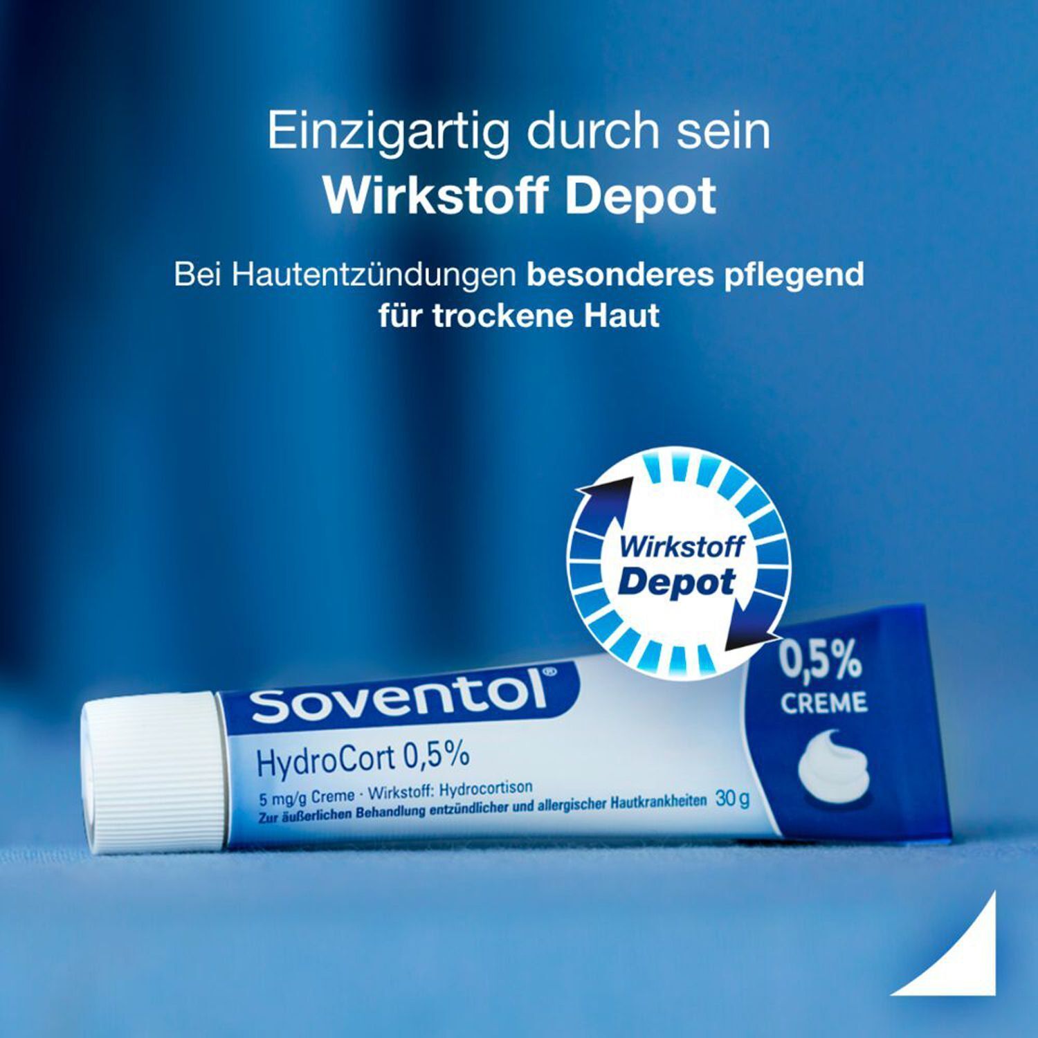 Eine Tube Soventol Hydrocort 0,5% Creme mit einem Symbol für Wirkstoff Depot.