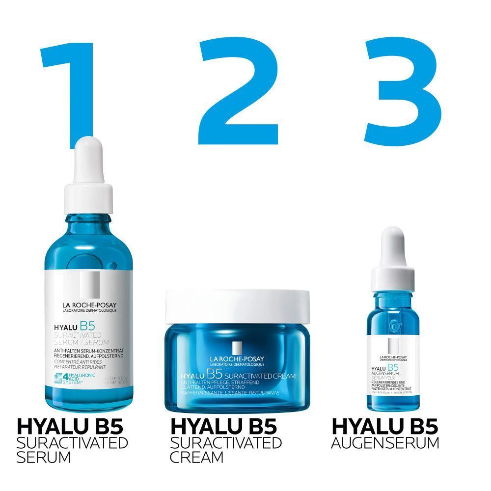 Drei La Roche Posay Hyalu B5 Produkte: Serumflasche, Tiegel und kleine Serumflasche nebeneinander.