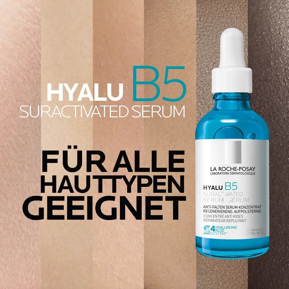 La Roche Posay Hyalu B5 Serum Flasche vor Hintergrund mit Hauttönen. Text: "Für alle Hauttypen geeignet".