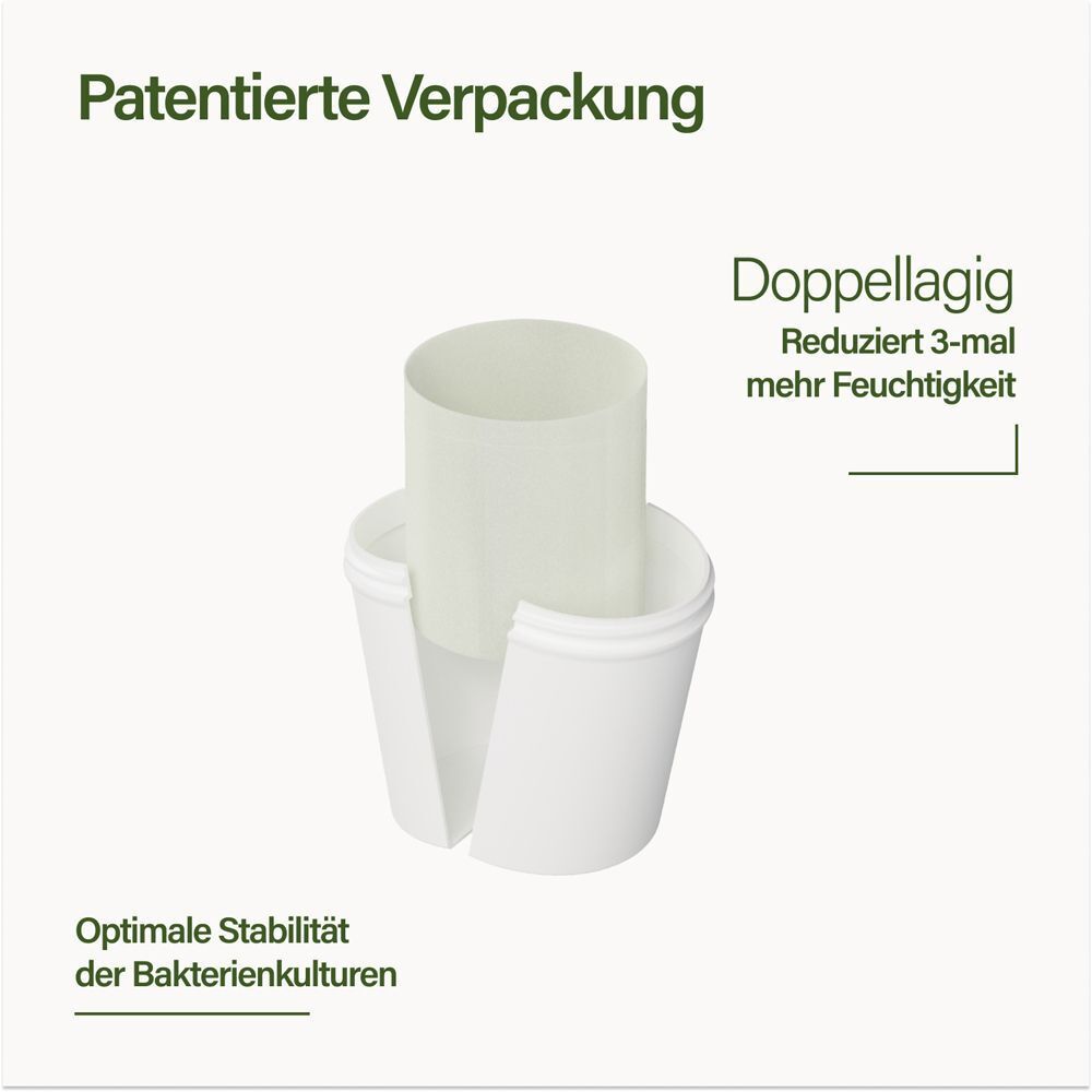 Patentierte Verpackung für optimale Stabilität der Bakterienkulturen.