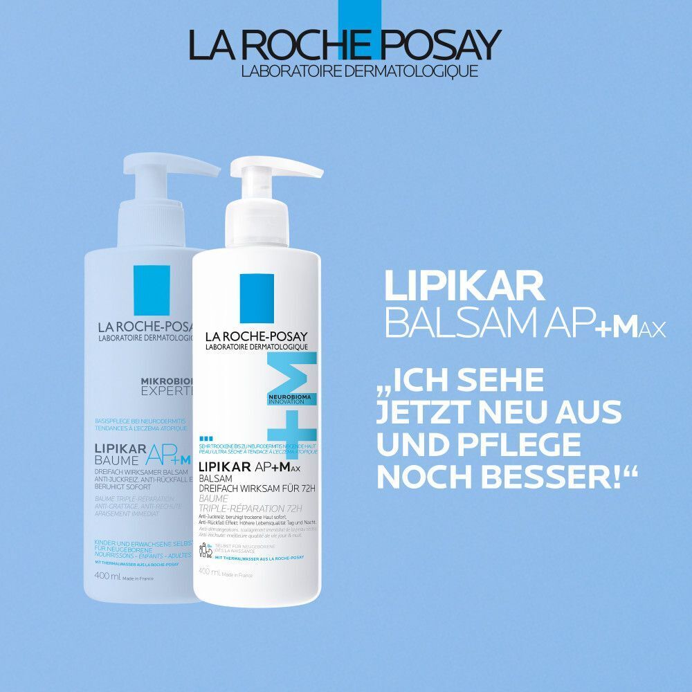 Zwei Flaschen La Roche-Posay Lipikar Balsam AP+M, eine davon mit Text.