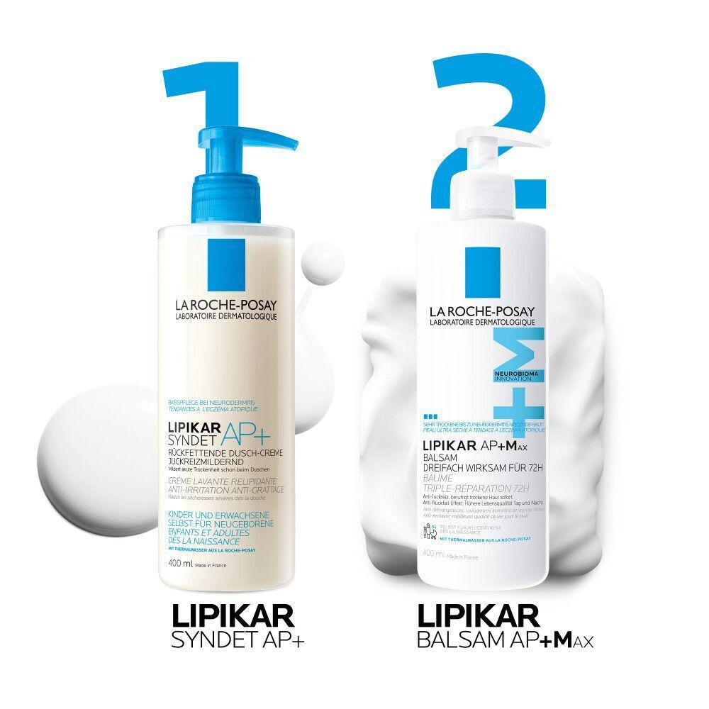 La Roche-Posay Lipikar Syndet AP+ und Lipikar Balsam AP+M Flaschen nebeneinander.