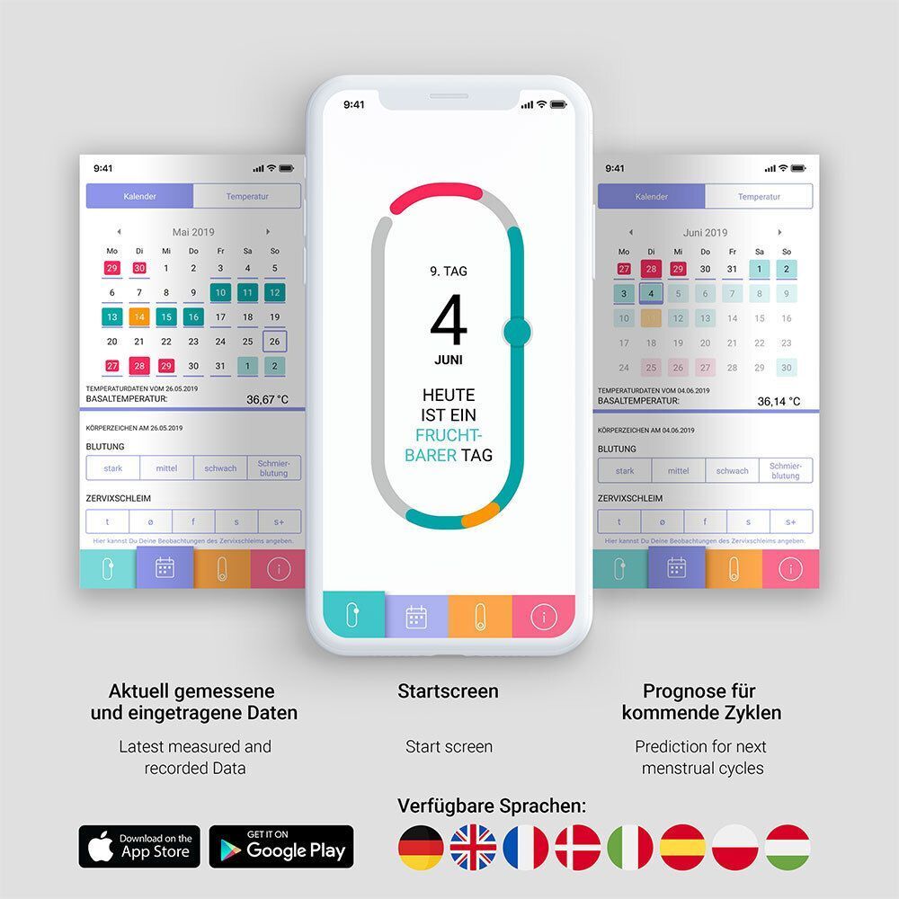 Smartphone-App für den trackle Zykluscomputer mit Kalender- und Temperaturübersicht.
