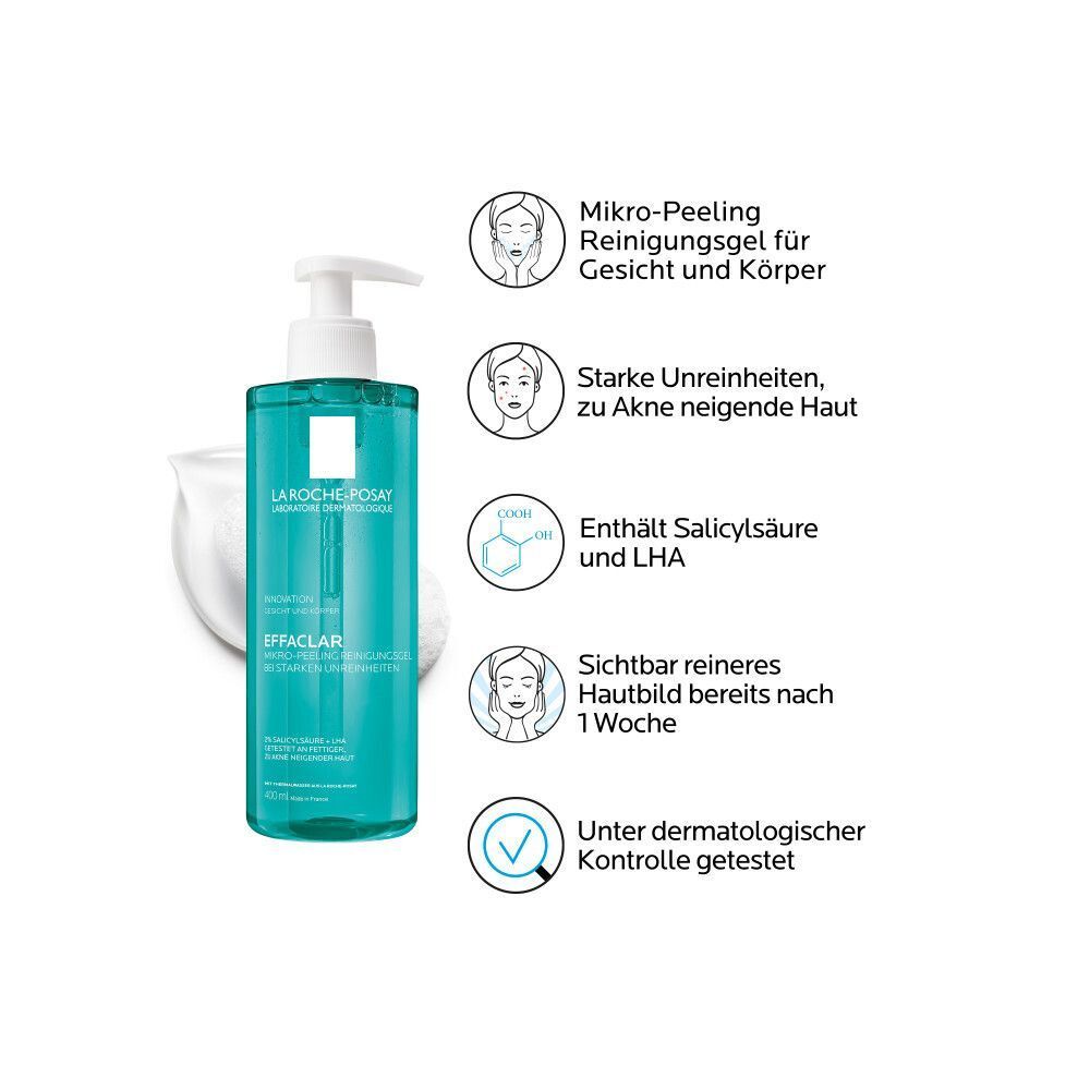 La Roche Posay Effaclar Reinigungsgel Flasche mit Pumpspender und Infografiken zu Mikro-Peeling, unreiner Haut, Salicylsäure und LHA.