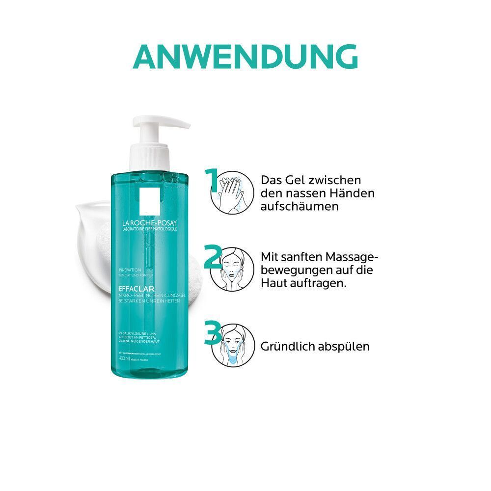Anwendung von La Roche Posay Effaclar Reinigungsgel: Aufschäumen, auftragen, abspülen.