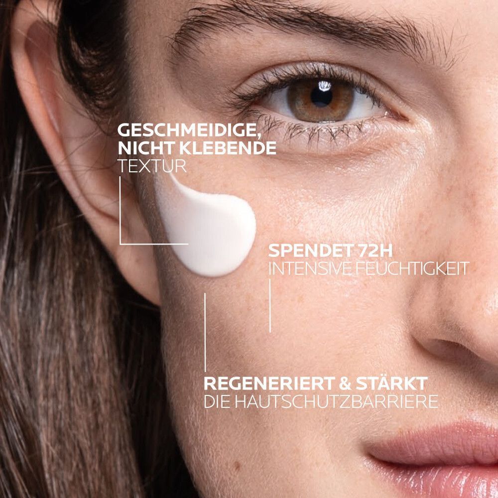 Creme-Textur und feuchtigkeitsspendende Wirkung der La Roche Posay Hyalu B5 Creme.