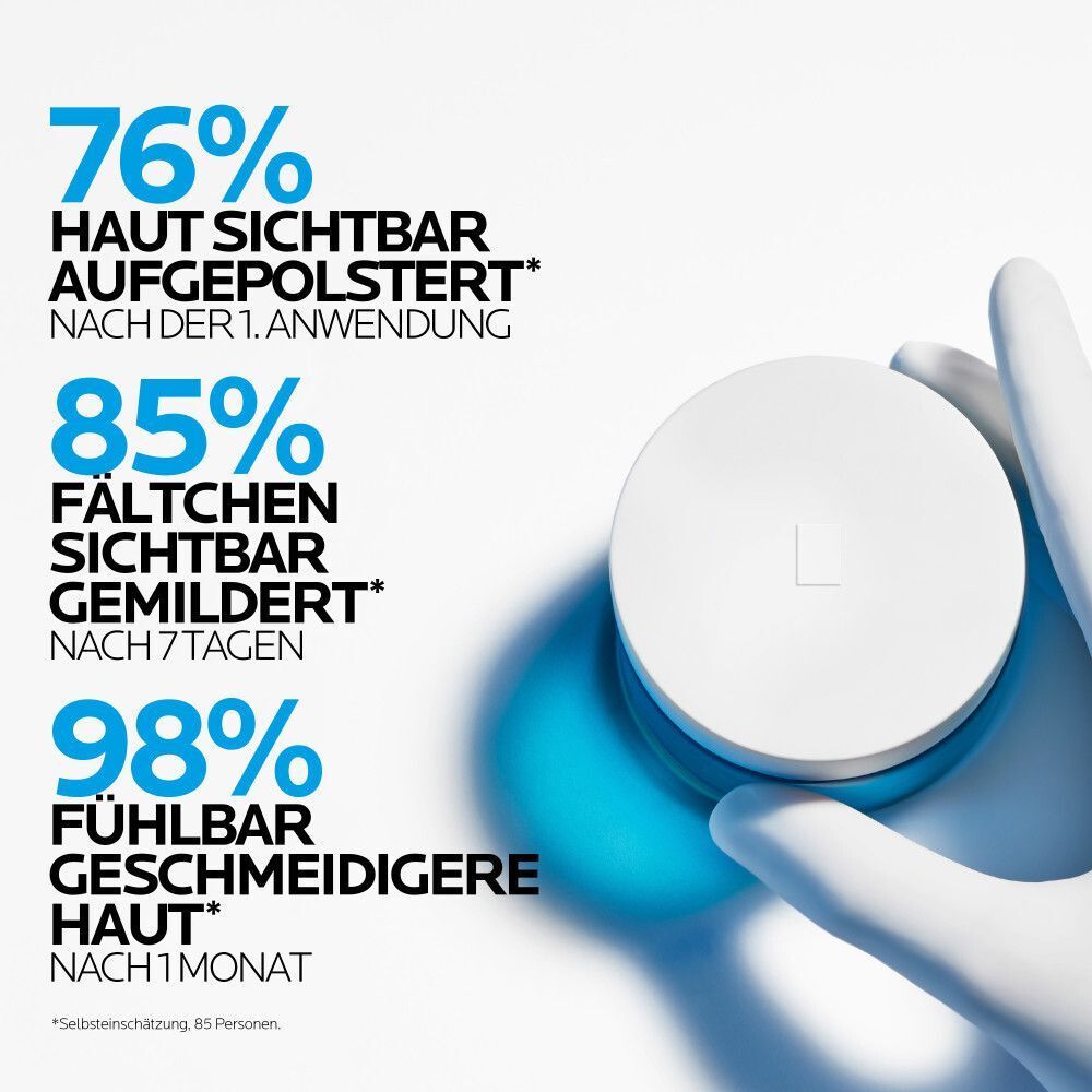 La Roche Posay Hyalu B5 Suractivated Cream in einem blauen Tiegel, gehalten von einer Hand. Statistiken zur Hautverbesserung.
