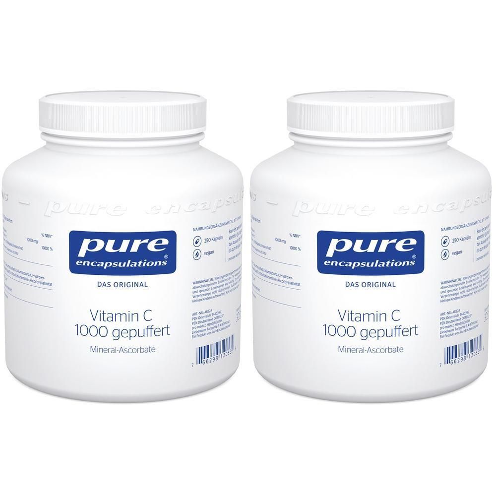 Zwei weiße Behälter Pure Encapsulations Vitamin C 1000 gepuffert.