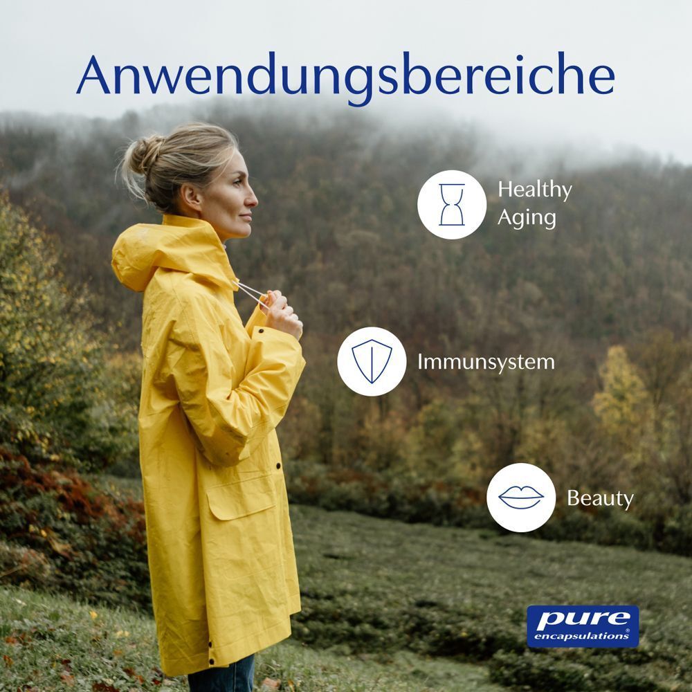 Eine Frau in gelber Regenjacke blickt in die Ferne. Icons für gesunde Langlebigkeit, Immunsystem, Schönheit.