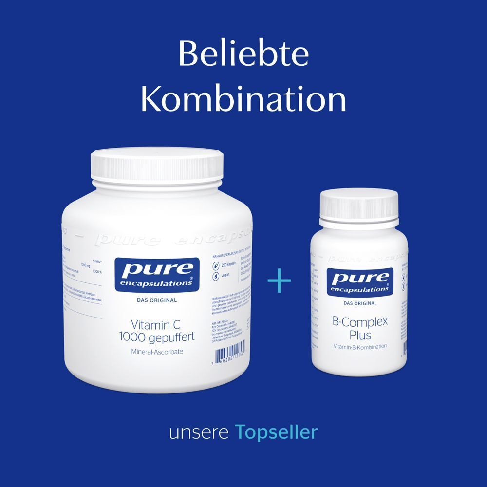 Ein großer und ein kleiner Behälter von Pure Encapsulations Vitamin C und B-Complex.