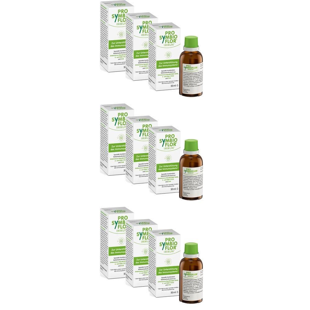 Drei Packungen PRO-SYMBIOFLOR® Immun mit je einer Braunglasflasche und grünem Tropfer.