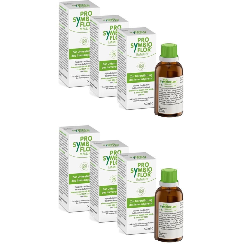 Zwei Packungen PRO-SYMBIOFLOR® Immun mit je einer Braunglasflasche und Beipackzettel.