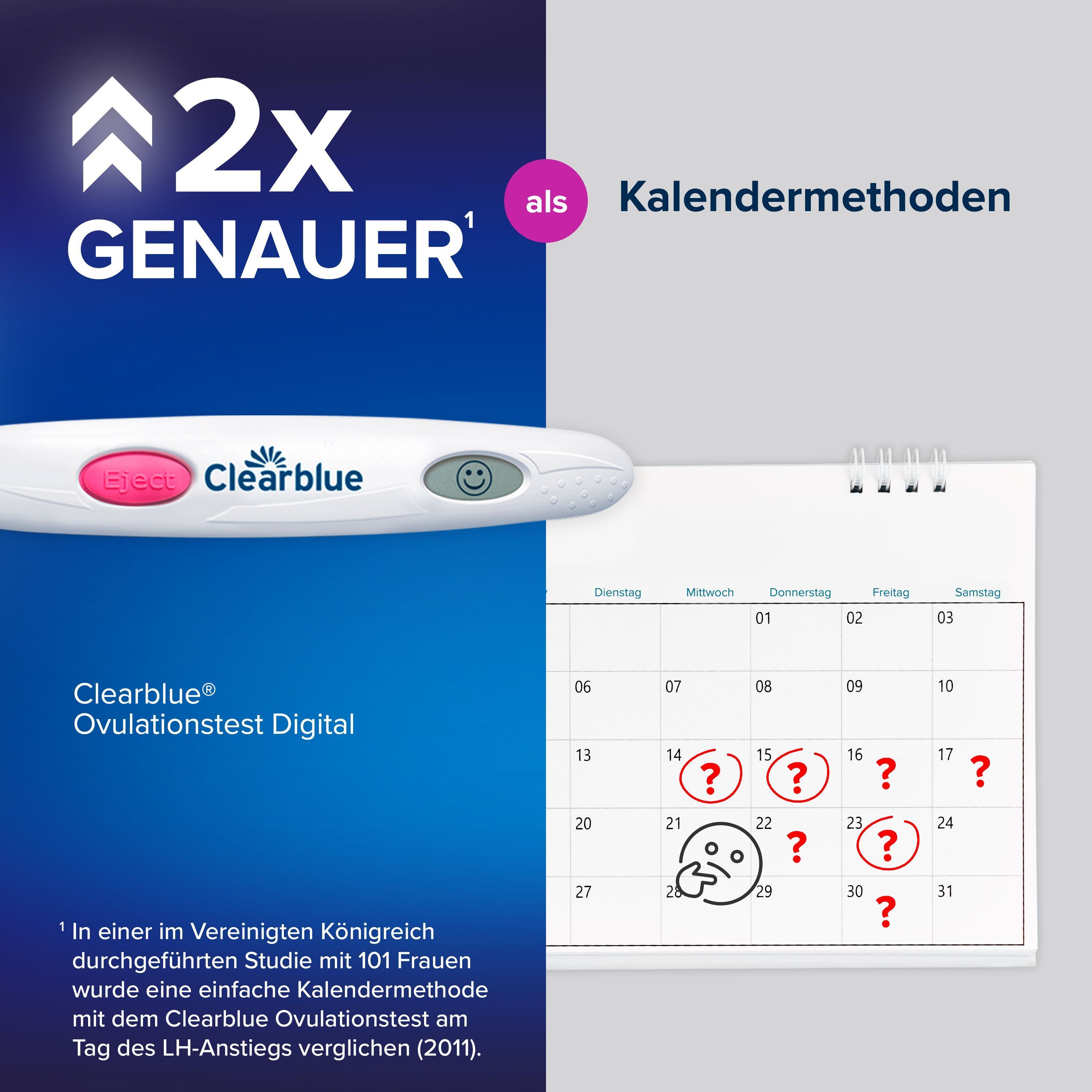 Clearblue Ovulationstest Digital: 2x genauer als Kalendermethoden zur Bestimmung fruchtbarer Tage.