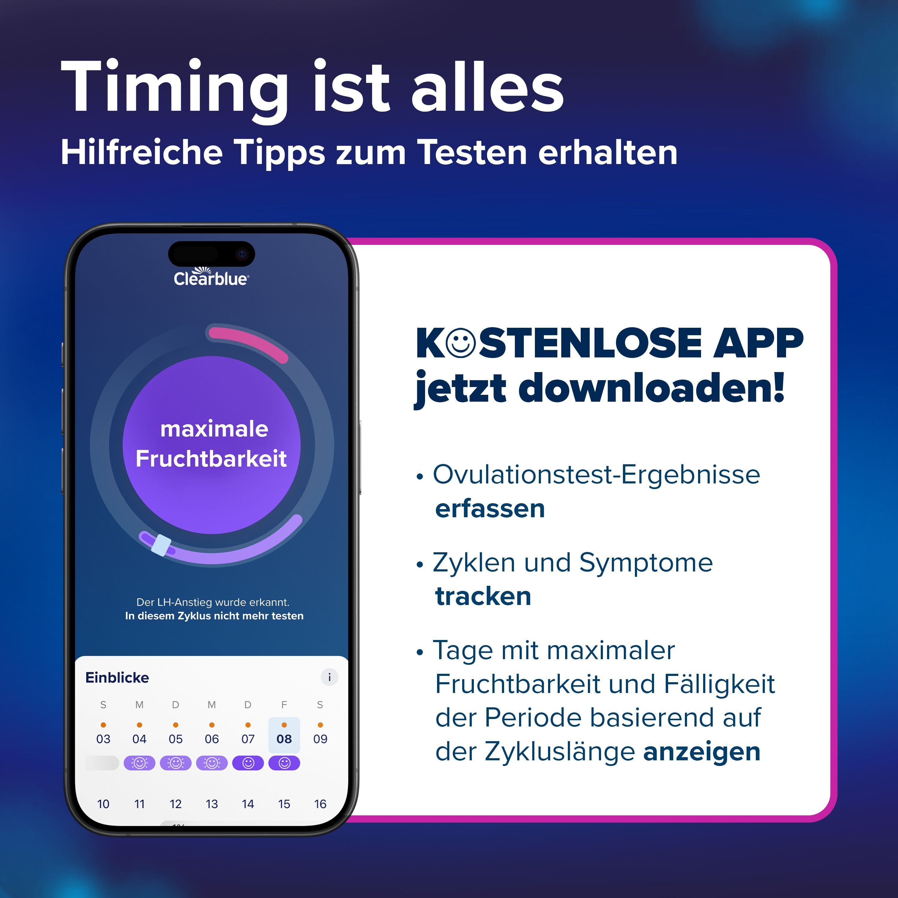 Clearblue Ovulationstest Digital: Eindeutige digitale Ergebnisse mit Smiley-Symbol für LH-Anstieg.