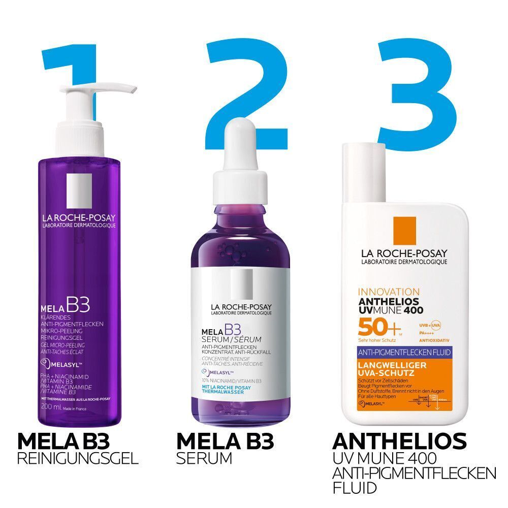 La Roche Posay Mela B3 Reinigungsgel, Serum und Anthelios UV Mune 400 Sonnenschutz für Pigmentflecken.