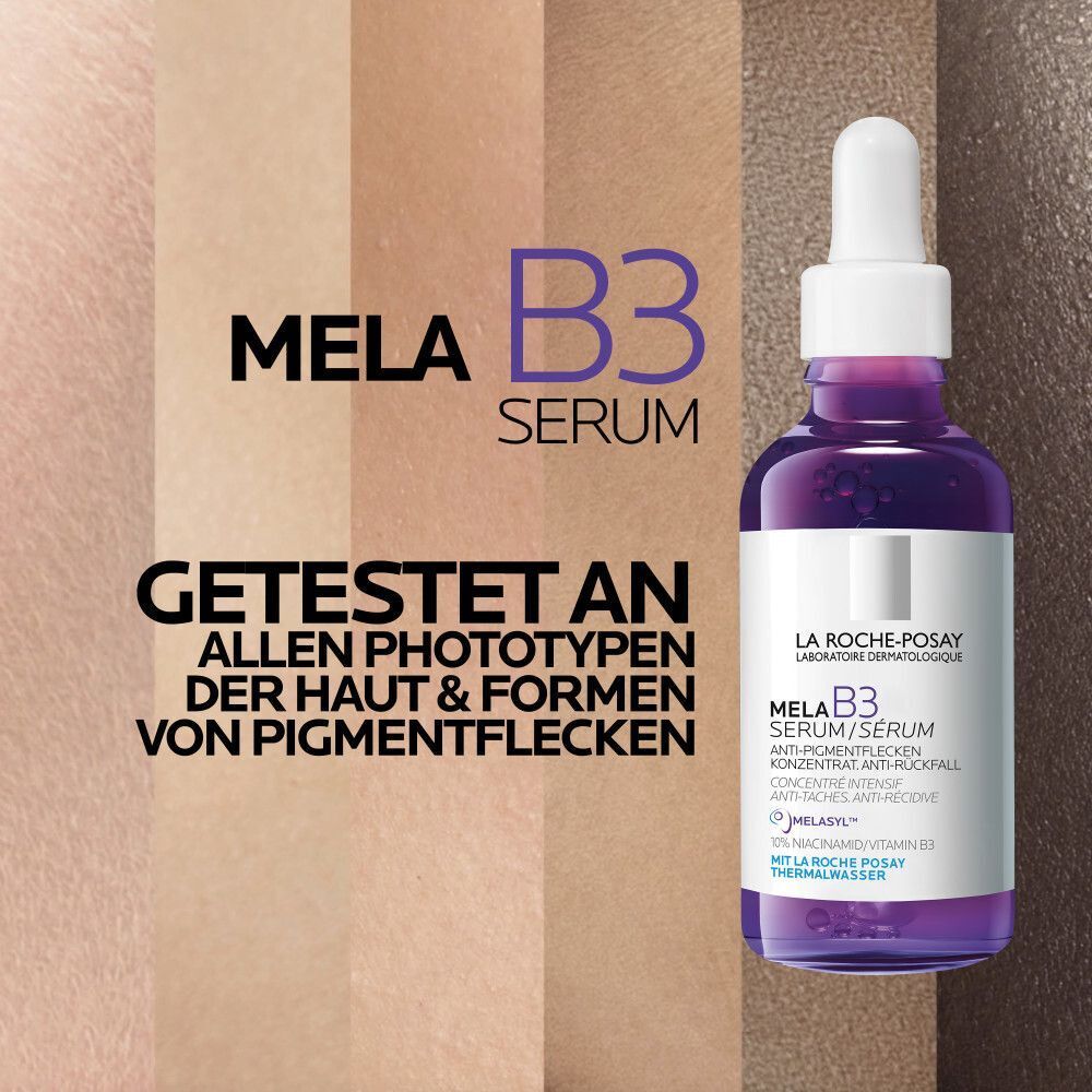 La Roche Posay Mela B3 Serum, getestet an allen Hauttypen und Pigmentfleckenformen, mit Melasyl Wirkstoff.