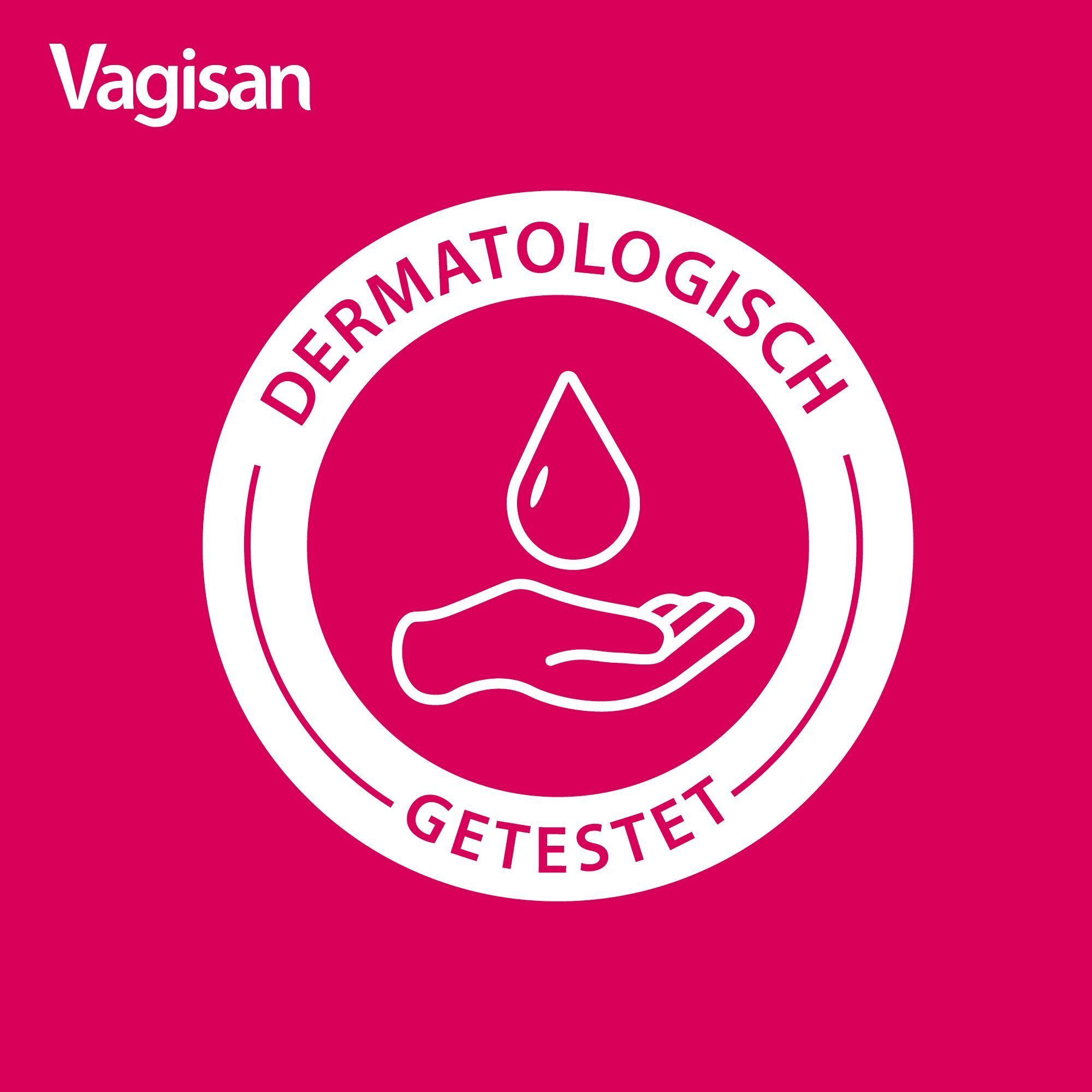 Kreissymbol mit Hand und Tropfen, Text 'Dermatologisch getestet'.
