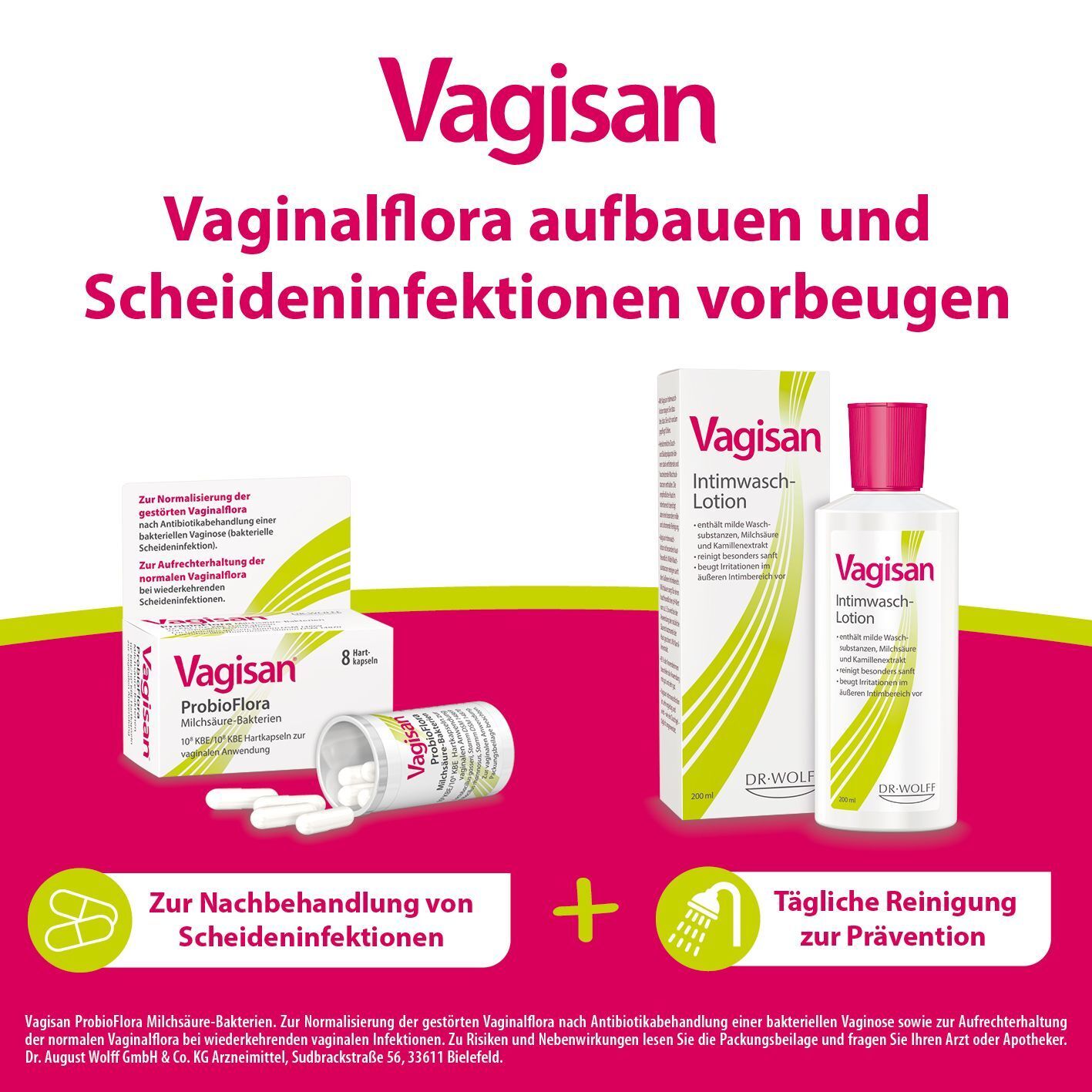 Verpackungen von Vagisan Intimwaschlotion und Vagisan ProbioFlora Kapseln.