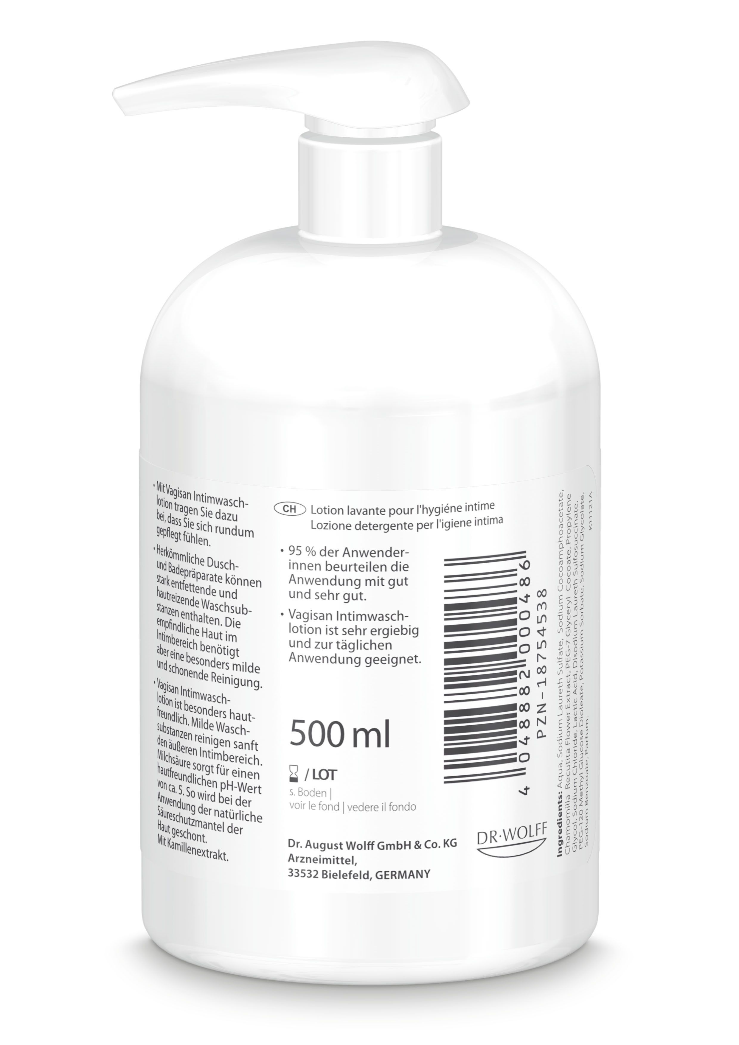 Rückseite einer Vagisan Intimwaschlotion Flasche mit Produktinformationen und Barcode.