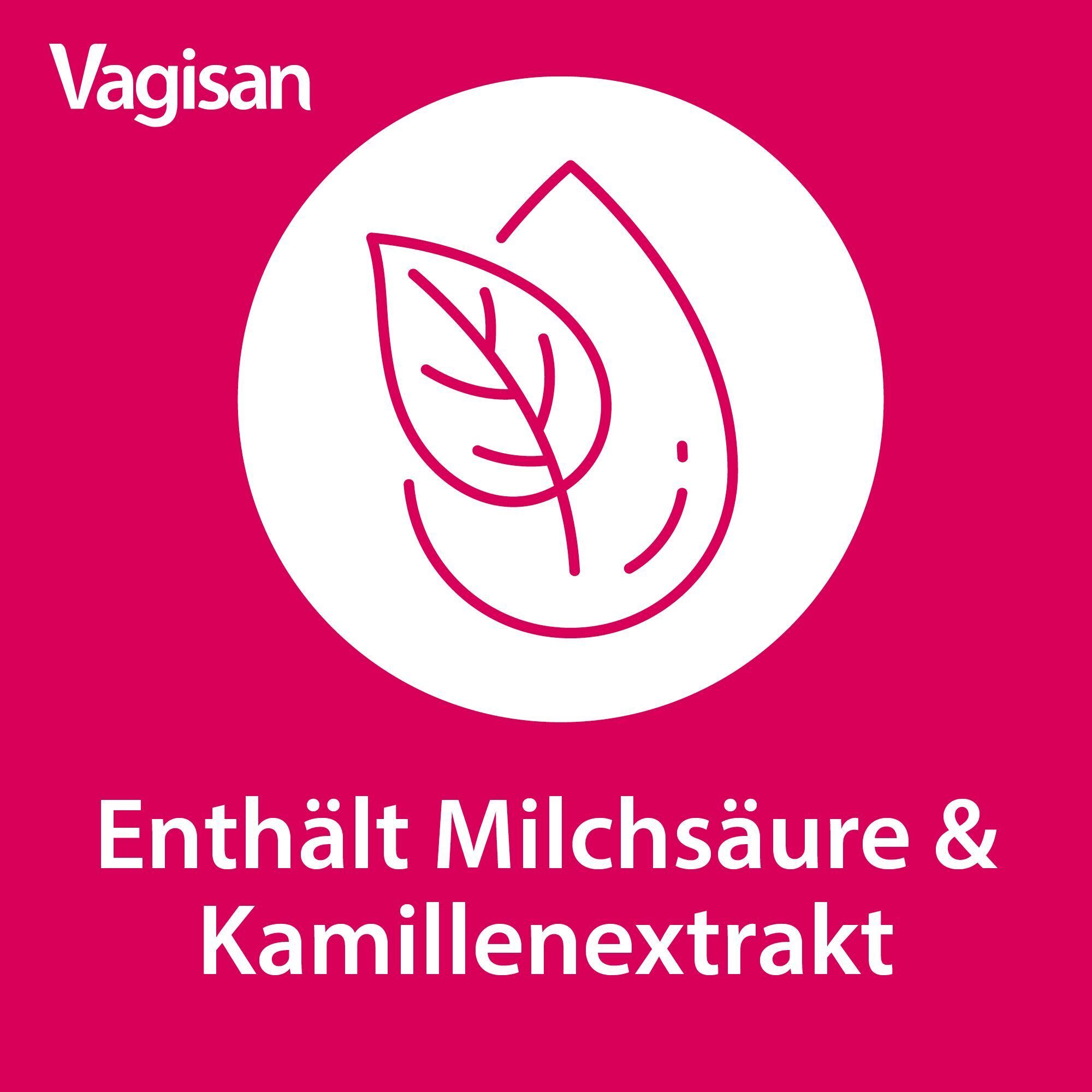 Symbol: Blatt in Wassertropfen. Text: Enthält Milchsäure & Kamillenextrakt.